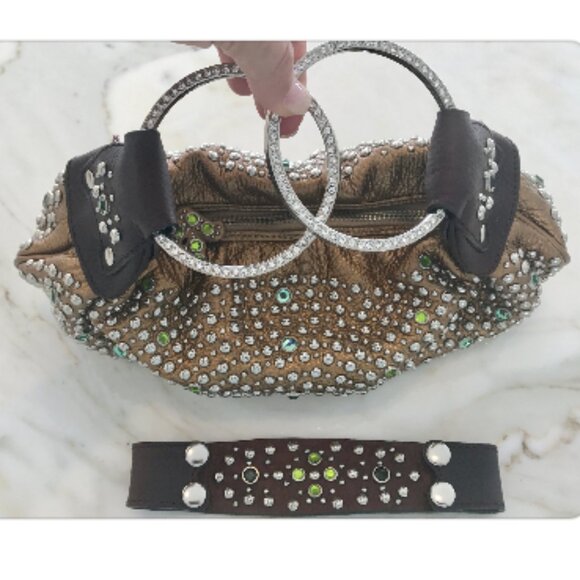 G SERIES BRONZE LEATHER CRYSTAL EMBELLISHED STUD CLUTCH BAG - Picture 7 of 16